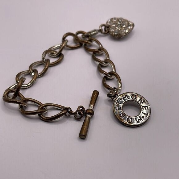 MONET Silvertone Chain Rhinestone Heart Charm Toggle Clasp Vintage Flawed - Picture 5 of 6